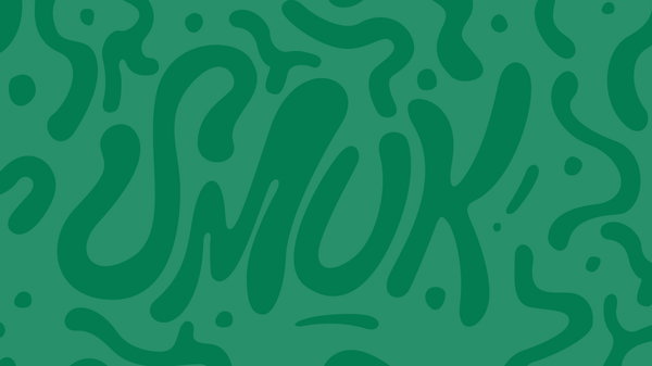A pattern of abstract, wavy lines and shapes on a green background. The lines form what appears to be the word ‘SMOK’ in a stylized, fluid script that blends with the surrounding shapes. The design uses negative space and integrates the letters into the pattern, making it somewhat challenging to discern at first glance.